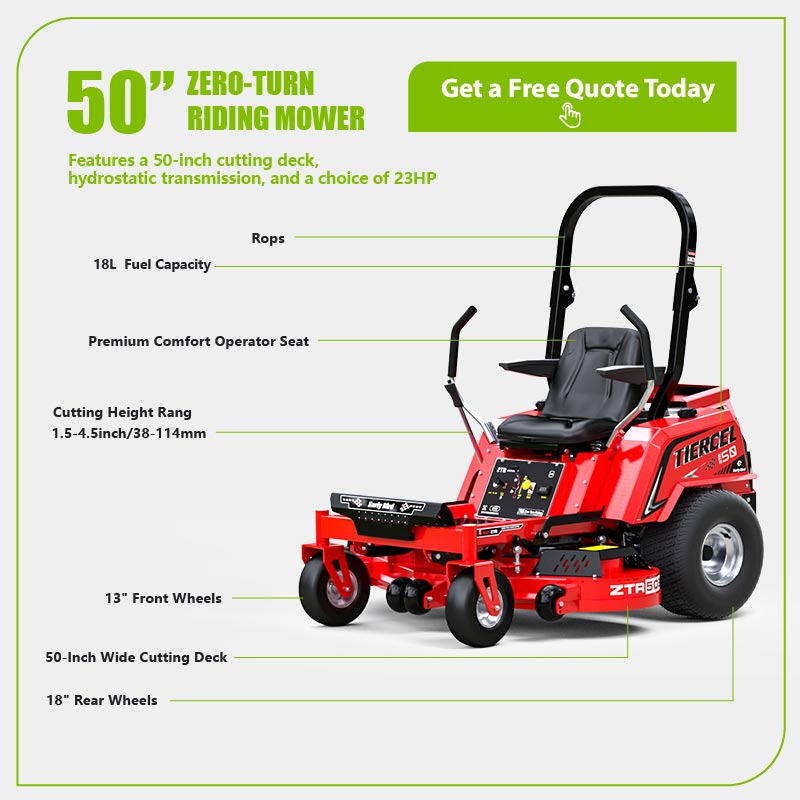 Газонокосилка ZTR-50B Zero Turn выделяется как одна из лучших газонокосилок с нулевым радиусом поворота на рынке, разработанная для исключительной эффективности и маневренности. Оснащенная надежным двигателем V-Twin мощностью 23 л.с. (опционально ZONSEN или Loncin) с рабочим объемом 750 куб. см, она обеспечивает надежную работу и соответствует требованиям CE/EPA/Stage V. Ее 125-сантиметровая (50-дюймовая) сборная дека с тремя ножами обеспечивает точную и чистую стрижку в диапазоне высоты среза от 3,5 до 10,5 см. Гидростатическая трансмиссия с электромагнитным сцеплением обеспечивает плавный ход.
